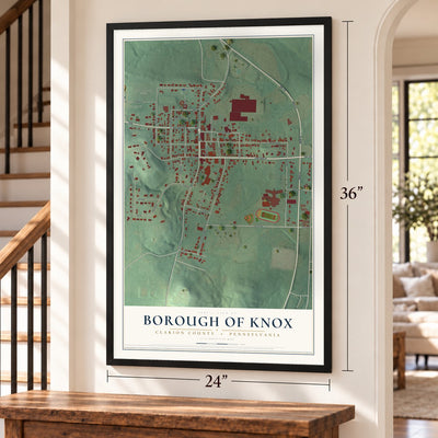Borough of Knox, Clarion County, Pennsylvania map, 24 x 36 inch print in a black frame by a staircase