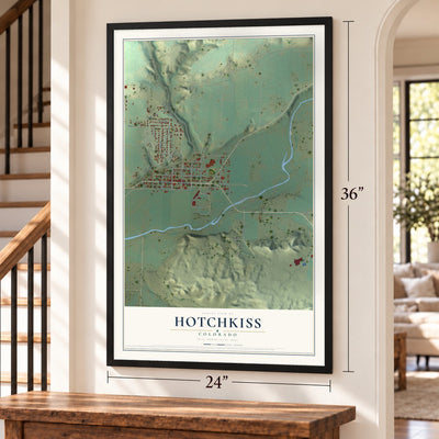 Hotchkiss, Colorado map, 24 x 36 inch print in a black frame by a staircase