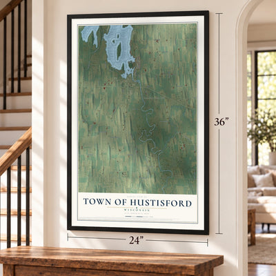 Town of Hustisford, Wisconsin map, 24 x 36 inch print in a black frame by a staircase