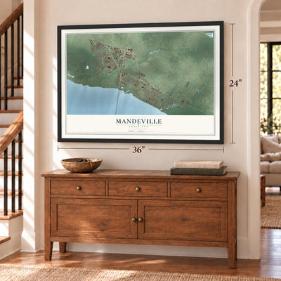 Mandeville, Louisiana map, 24 x 36 inch print in a black frame above a dresser by a staircase