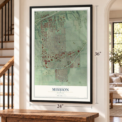 Mission, Kansas map, 24 x 36 inch print in a black frame by a staircase