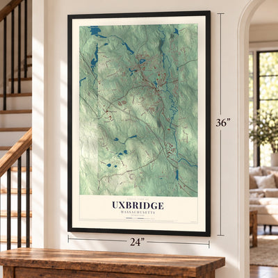 Uxbridge, Massachusetts map, 24 x 36 inch print in a black frame by a staircase
