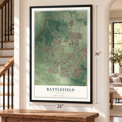 Battlefield, Missouri map, 24 x 36 inch print in a black frame by a staircase