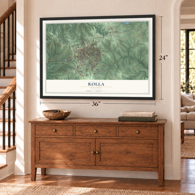 Rolla, Missouri map, 24 x 36 inch print in a black frame above a dresser by a staircase