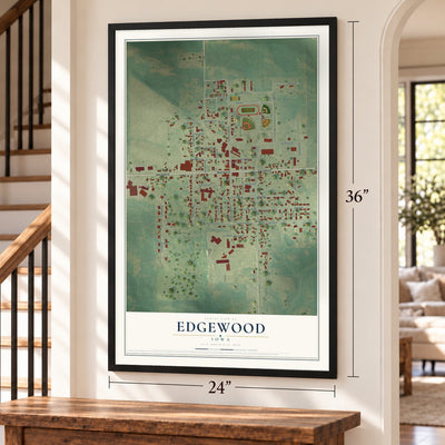 Edgewood, Iowa map, 24 x 36 inch print in a black frame by a staircase