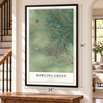 Bowling Green, Missouri map, 24 x 36 inch print in a black frame by a staircase