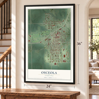 Osceola, Nebraska map, 24 x 36 inch print in a black frame by a staircase