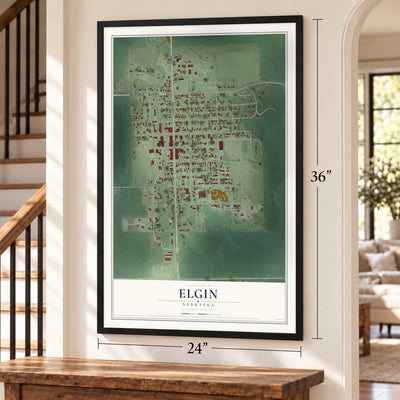 Elgin, Nebraska map, 24 x 36 inch print in a black frame by a staircase
