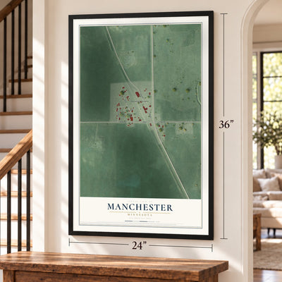 Manchester, Minnesota map, 24 x 36 inch print in a black frame by a staircase