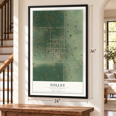 Tolley, North Dakota map, 24 x 36 inch print in a black frame by a staircase