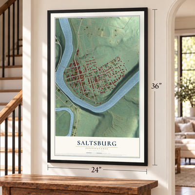 Saltsburg, Pennsylvania map, 24 x 36 inch print in a black frame by a staircase