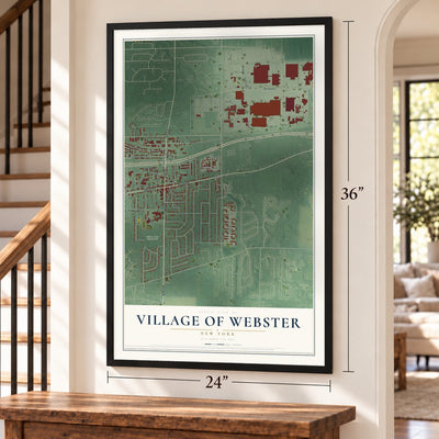 Village of Webster, New York map, 24 x 36 inch print in a black frame by a staircase