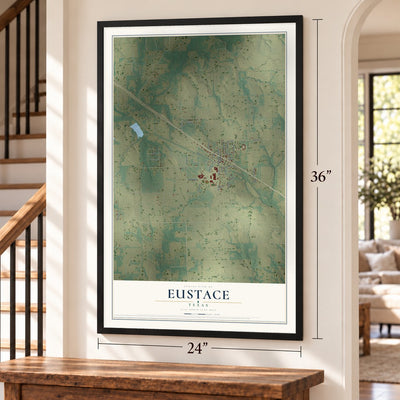 Eustace, Texas map, 24 x 36 inch print in a black frame by a staircase
