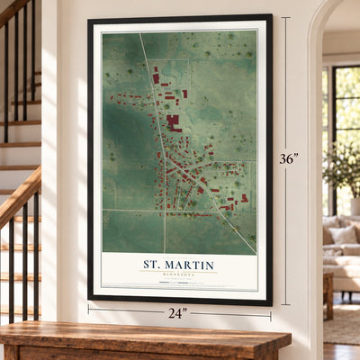 St. Martin, Minnesota map, 24 x 36 inch print in a black frame by a staircase