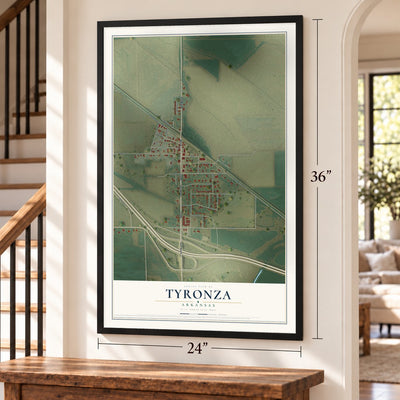 Tyronza, Arkansas map, 24 x 36 inch print in a black frame by a staircase
