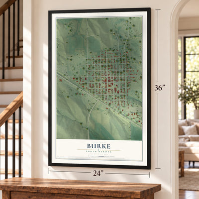 Burke, South Dakota map, 24 x 36 inch print in a black frame by a staircase