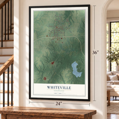 Whiteville, Tennessee map, 24 x 36 inch print in a black frame by a staircase