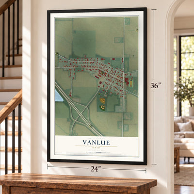 Vanlue, Ohio map, 24 x 36 inch print in a black frame by a staircase
