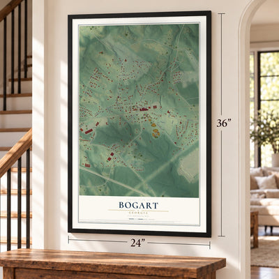 Bogart, Georgia map, 24 x 36 inch print in a black frame by a staircase