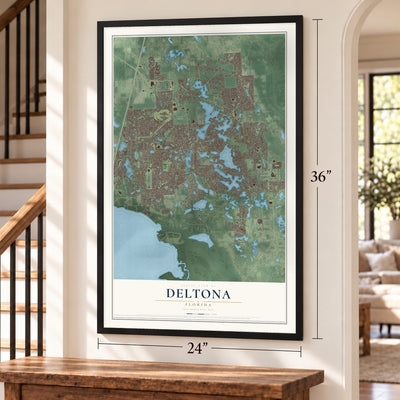 Deltona, Florida map, 24 x 36 inch print in a black frame by a staircase