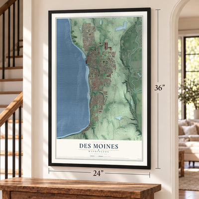 Des Moines, Washington map, 24 x 36 inch print in a black frame by a staircase