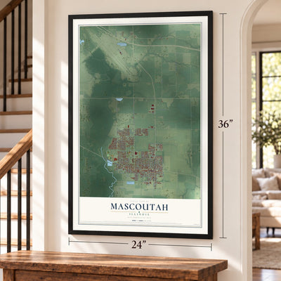 Mascoutah, Illinois map, 24 x 36 inch print in a black frame by a staircase