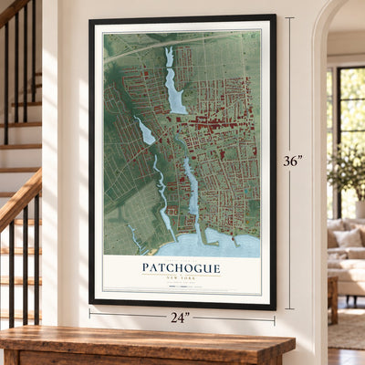 Patchogue, New York map, 24 x 36 inch print in a black frame by a staircase