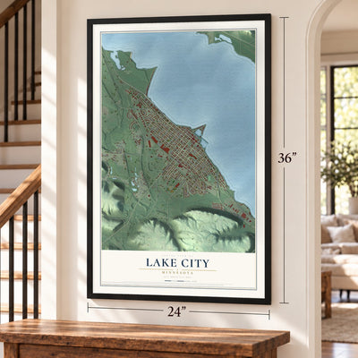 Lake City, Minnesota map, 24 x 36 inch print in a black frame by a staircase