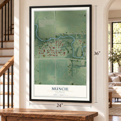 Muncie, Illinois map, 24 x 36 inch print in a black frame by a staircase