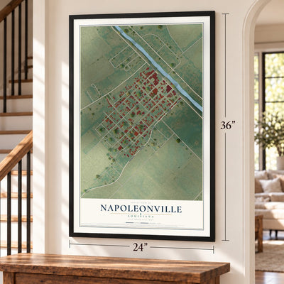 Napoleonville, Louisiana map, 24 x 36 inch print in a black frame by a staircase