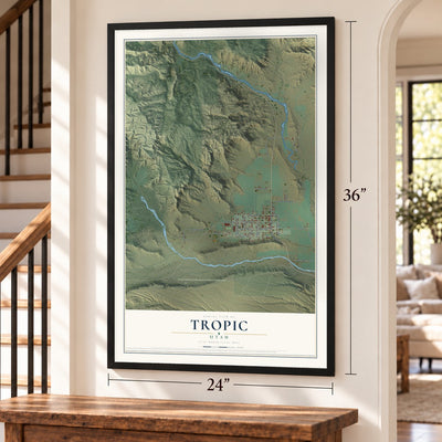 Tropic, Utah map, 24 x 36 inch print in a black frame by a staircase