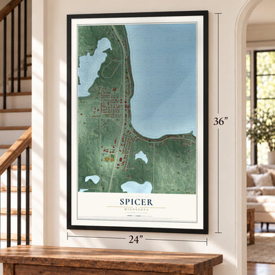 Spicer, Minnesota map, 24 x 36 inch print in a black frame by a staircase