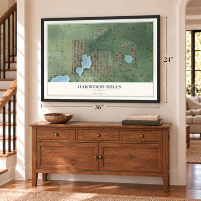 Oakwood Hills, Illinois map, 24 x 36 inch print in a black frame above a dresser by a staircase