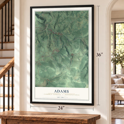 Adams, Cambria County, Pennsylvania map, 24 x 36 inch print in a black frame by a staircase