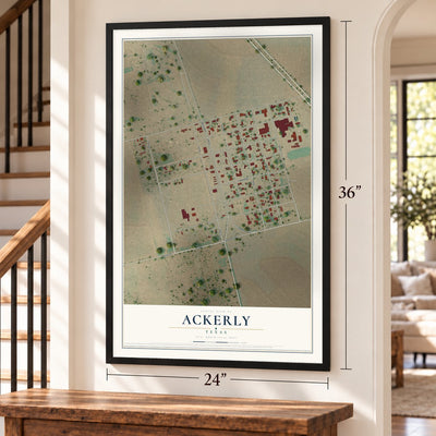 Ackerly, Texas map, 24 x 36 inch print in a black frame by a staircase