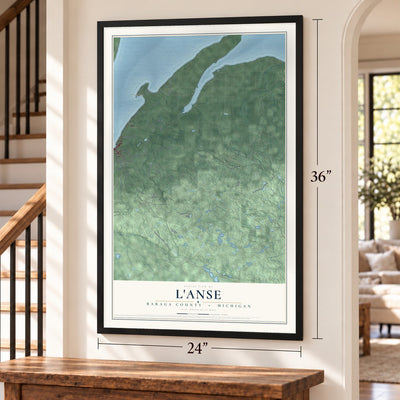 L'Anse, Baraga County, Michigan map, 24 x 36 inch print in a black frame by a staircase
