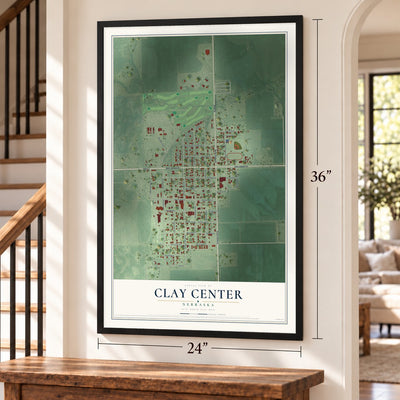 Clay Center, Nebraska map, 24 x 36 inch print in a black frame by a staircase
