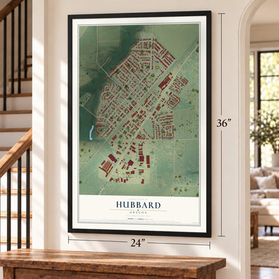Hubbard, Oregon map, 24 x 36 inch print in a black frame by a staircase