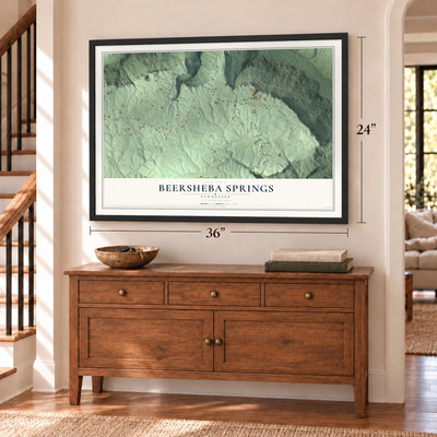 Beersheba Springs, Tennessee map, 24 x 36 inch print in a black frame above a dresser by a staircase