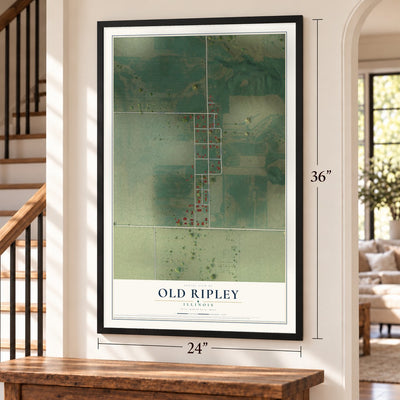 Old Ripley, Illinois map, 24 x 36 inch print in a black frame by a staircase