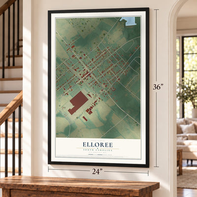 Elloree, South Carolina map, 24 x 36 inch print in a black frame by a staircase