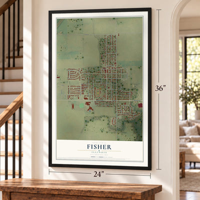 Fisher, Illinois map, 24 x 36 inch print in a black frame by a staircase