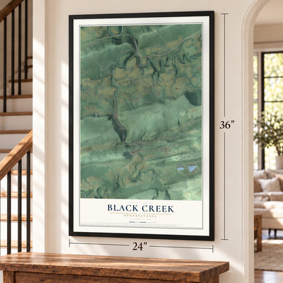 Black Creek, Pennsylvania map, 24 x 36 inch print in a black frame by a staircase