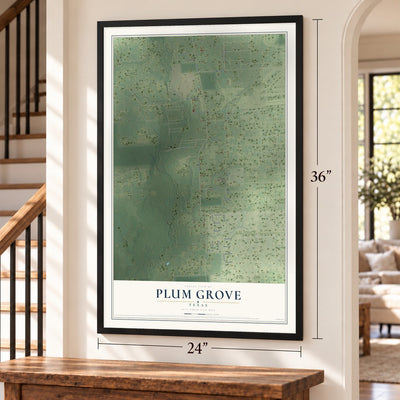 Plum Grove, Texas map, 24 x 36 inch print in a black frame by a staircase