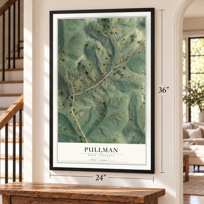 Pullman, West Virginia map, 24 x 36 inch print in a black frame by a staircase