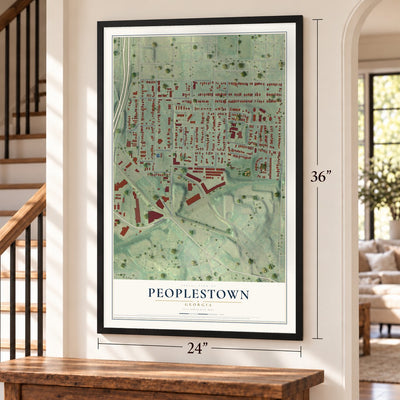 Peoplestown, Georgia map, 24 x 36 inch print in a black frame by a staircase