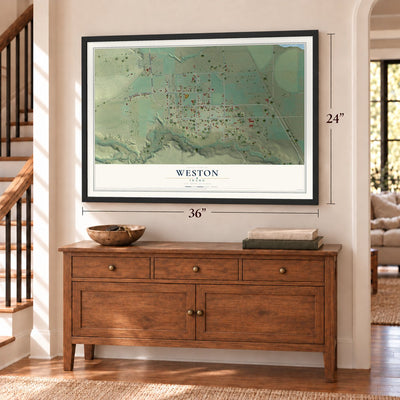 Weston, Idaho map, 24 x 36 inch print in a black frame above a dresser by a staircase