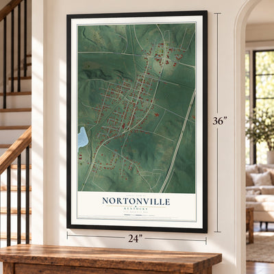 Nortonville, Kentucky map, 24 x 36 inch print in a black frame by a staircase