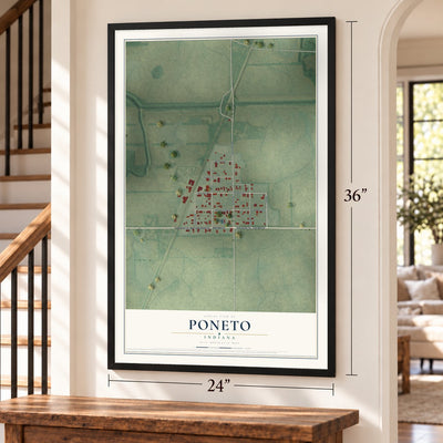 Poneto, Indiana map, 24 x 36 inch print in a black frame by a staircase