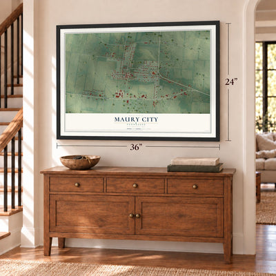 Maury City, Tennessee map, 24 x 36 inch print in a black frame above a dresser by a staircase